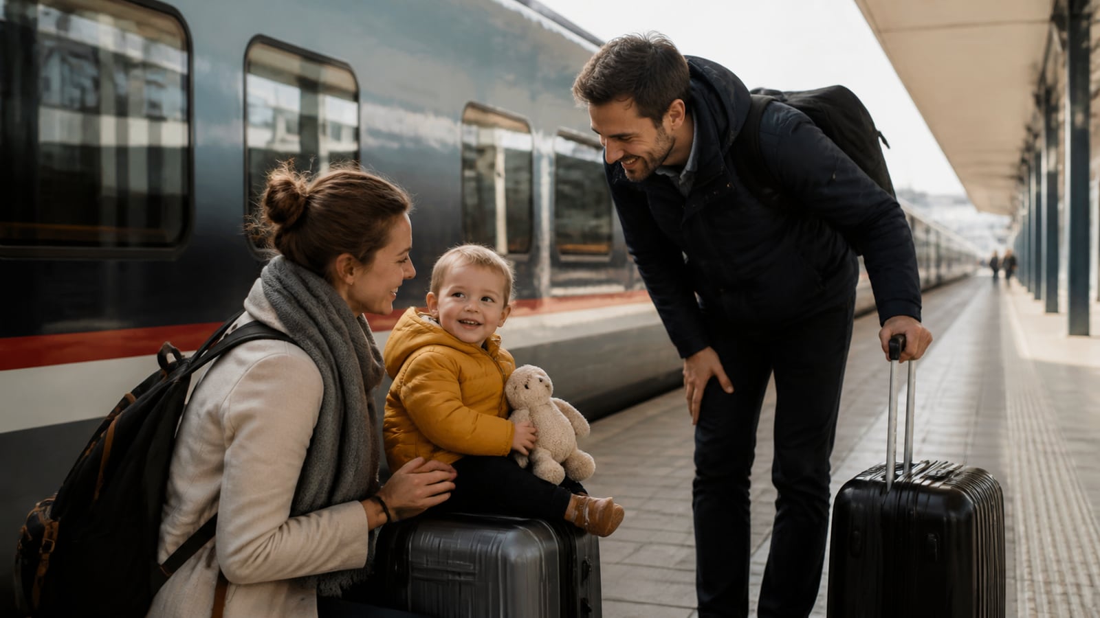 Gezin met een klein kind en bagage op een Europees treinperron