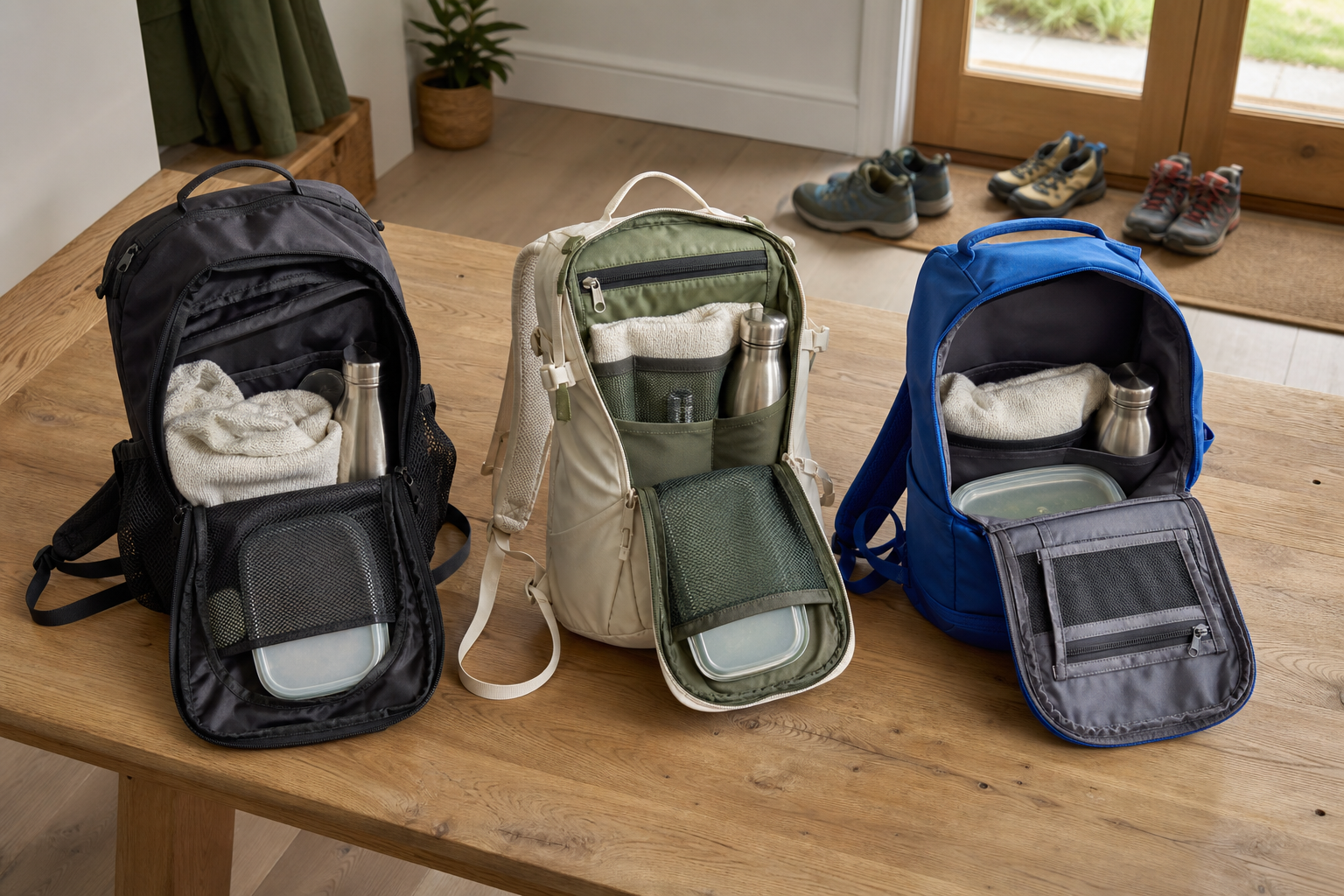 Drie geopende dagrugzakken met lunch en kleding