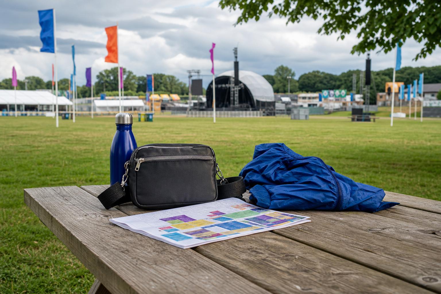 Regenjas, tas en drinkfles op een picknicktafel bij een festival