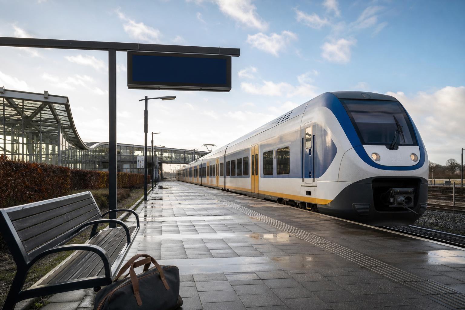 Intercitytrein aan een rustig perron met een reistas bij een bankje
