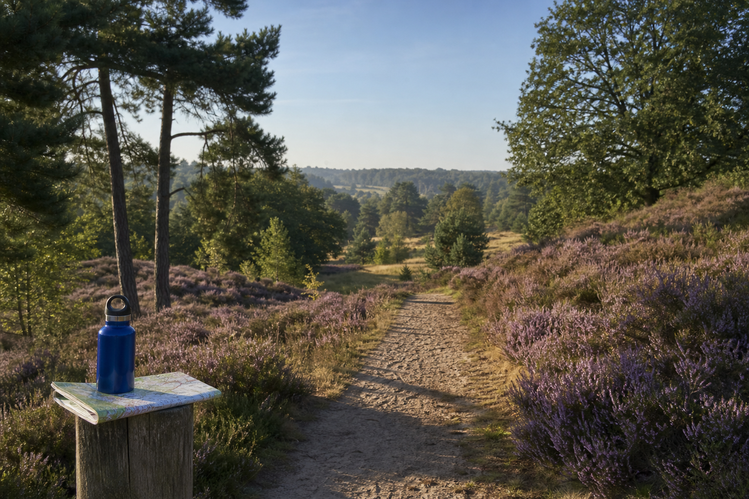 Zandpad door heide met een wandelkaart en drinkfles