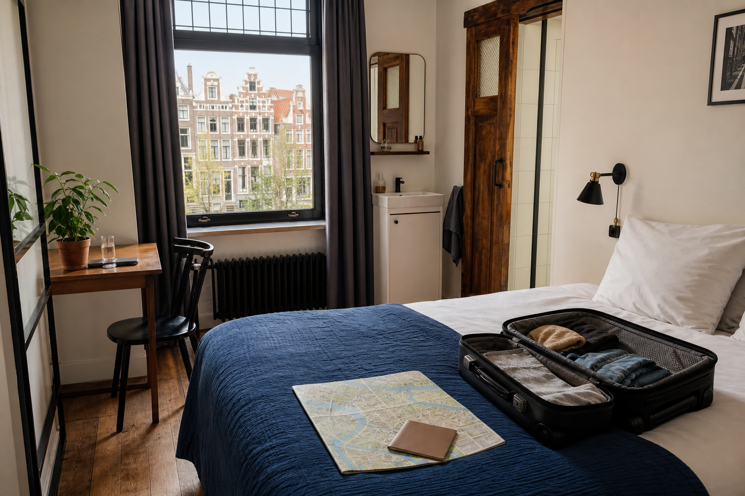 Stadskamer met een open koffer op het bed